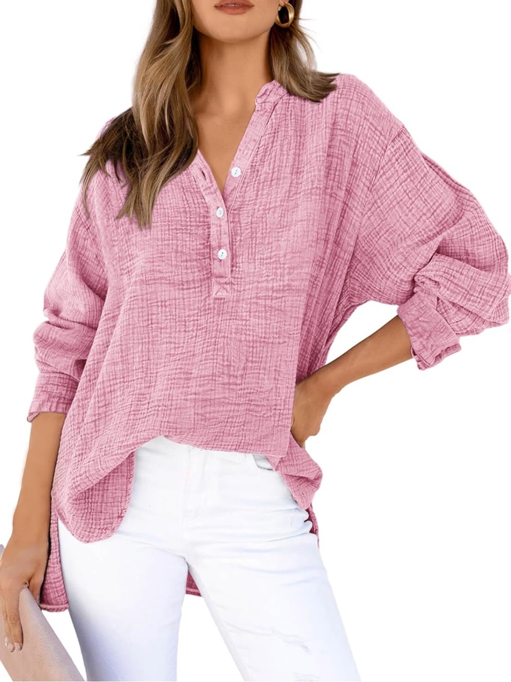 Pink Gauze Cotton Tunic Top Size L Boho Button Front